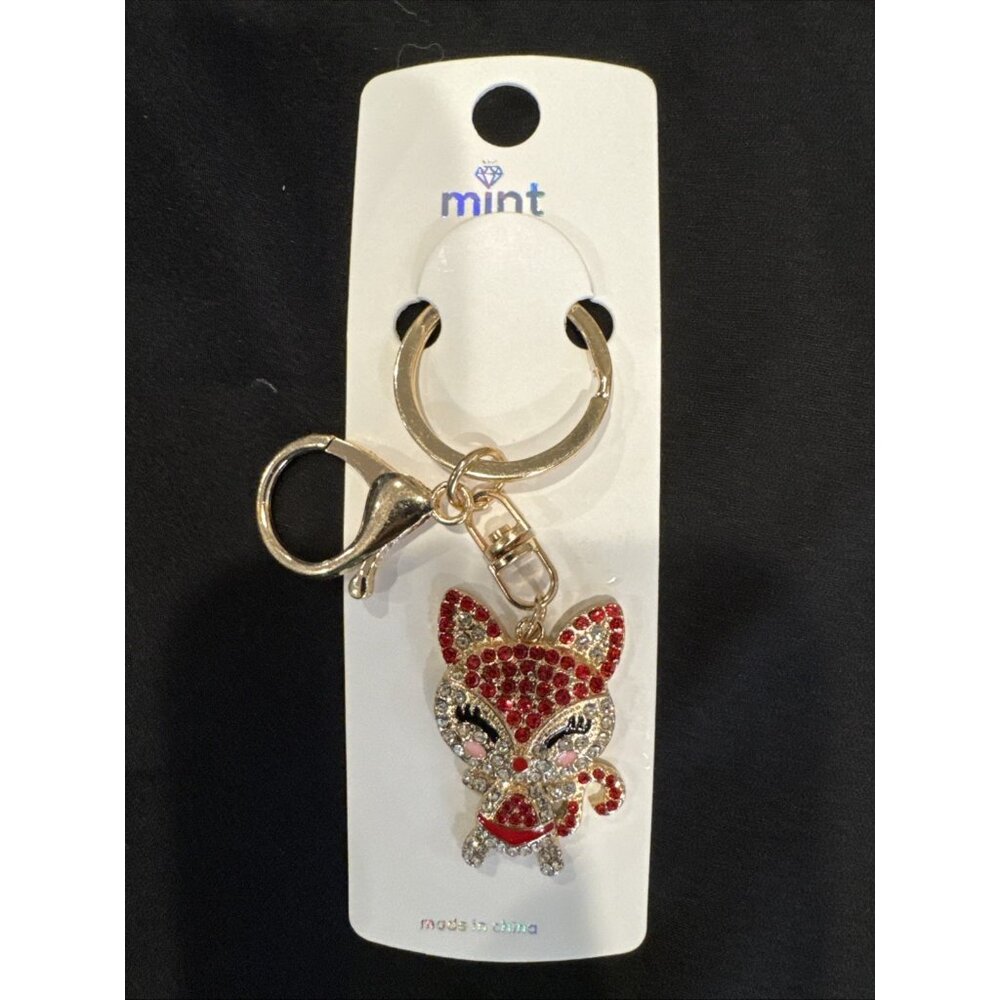 Bag Keychain Red Gold Fox Rhinestone Bag Charm Rhinestone Keyring NEW - Picture 2 of 6